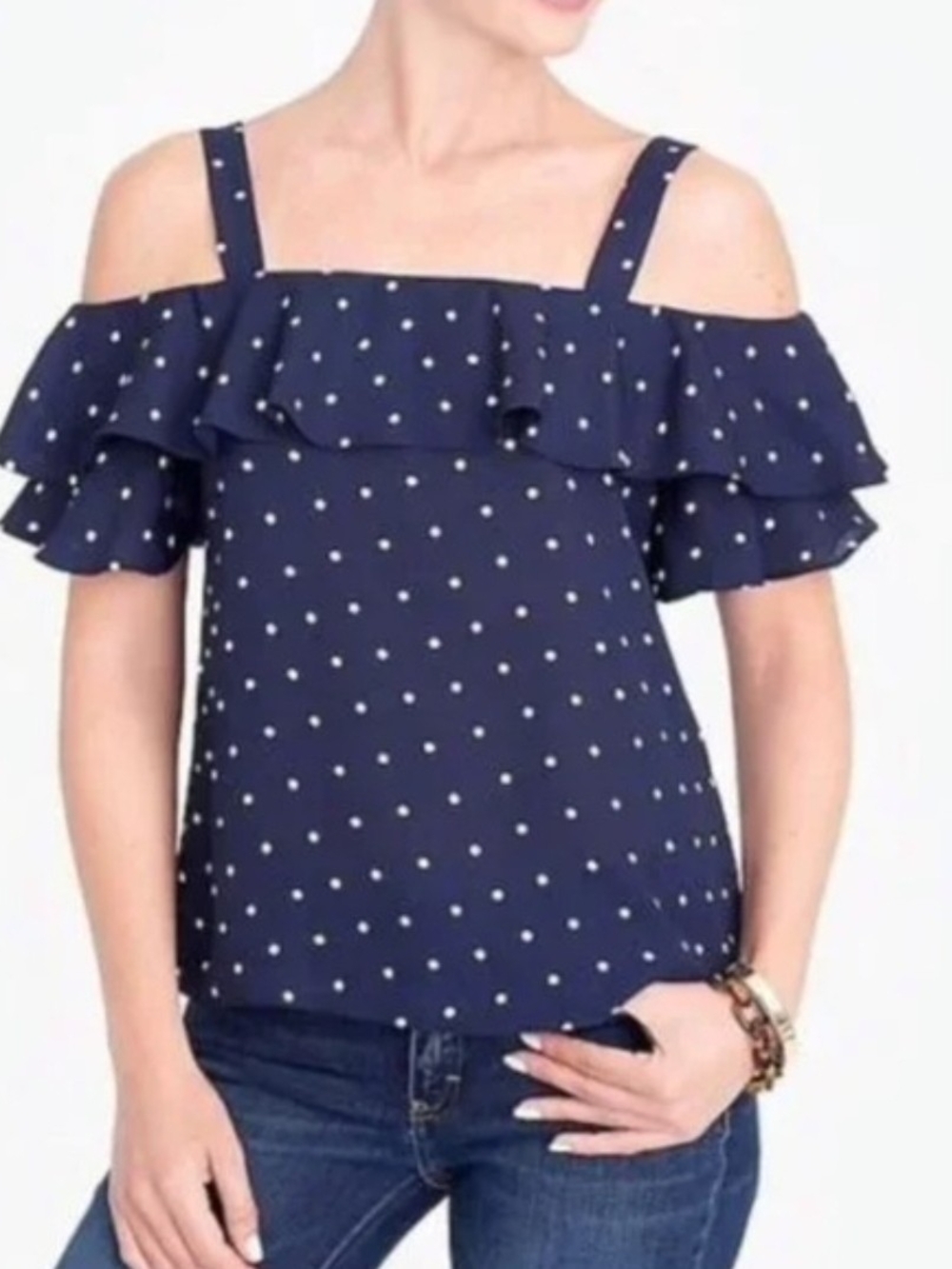 J. Crew Navy White Polka Dot Cold-Shoulder Ruffle Top
